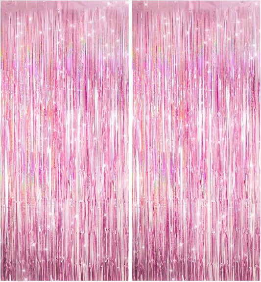 Skiennix Shiny Pink Tinsel Foil Fringe Curtains - 2 Pack Party Backdrop for Birthdays & Showers