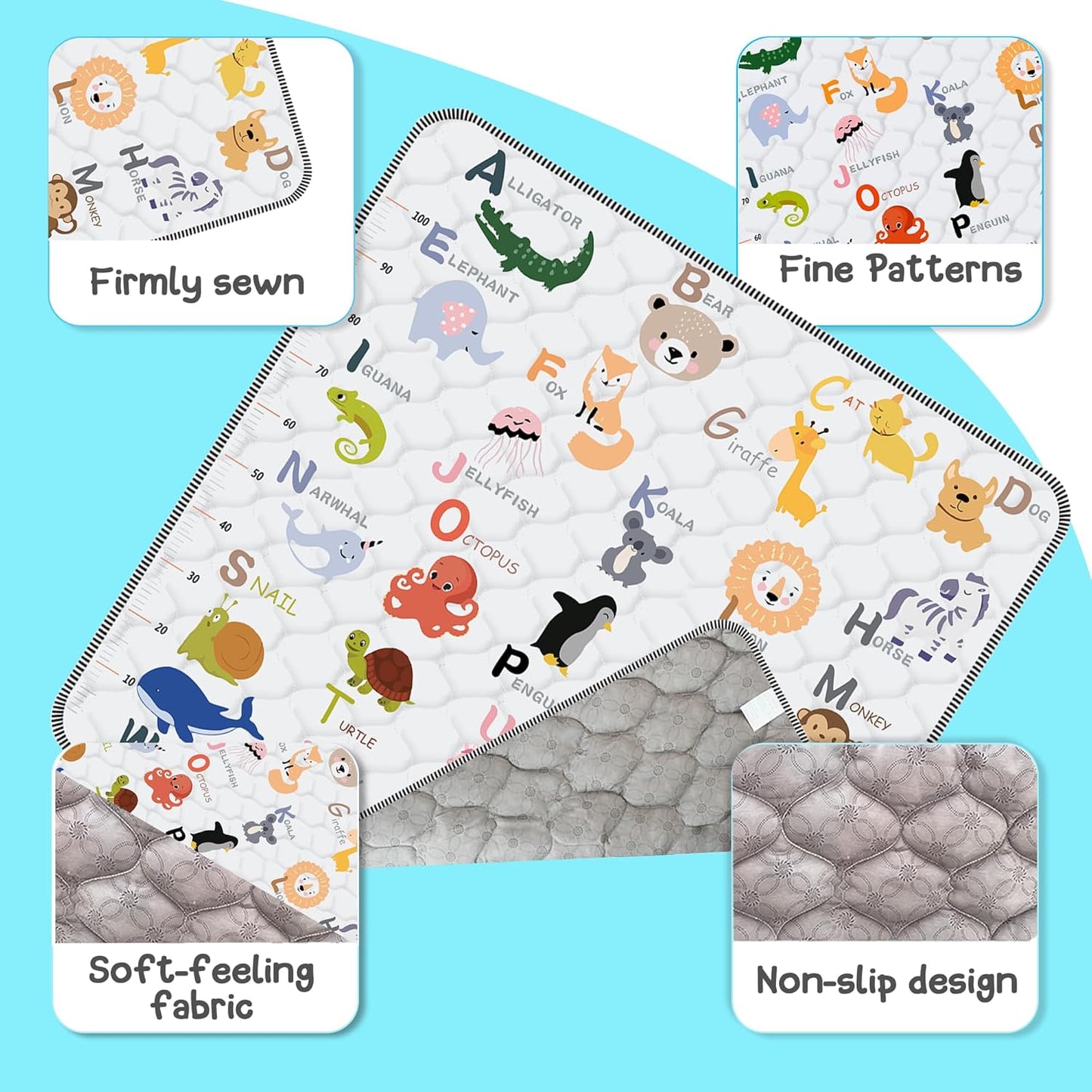 Skiennix Baby Play Mat - Thick Soft Non-Slip Crawling Mat | 50" x 50" Machine Washable for Infants & Toddlers (Animal Alphabet-A)