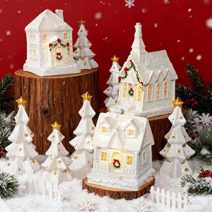 Bbiamsleep Christmas Mini Village Set - 9 Pcs White Resin Houses & Trees for Festive Home Decor