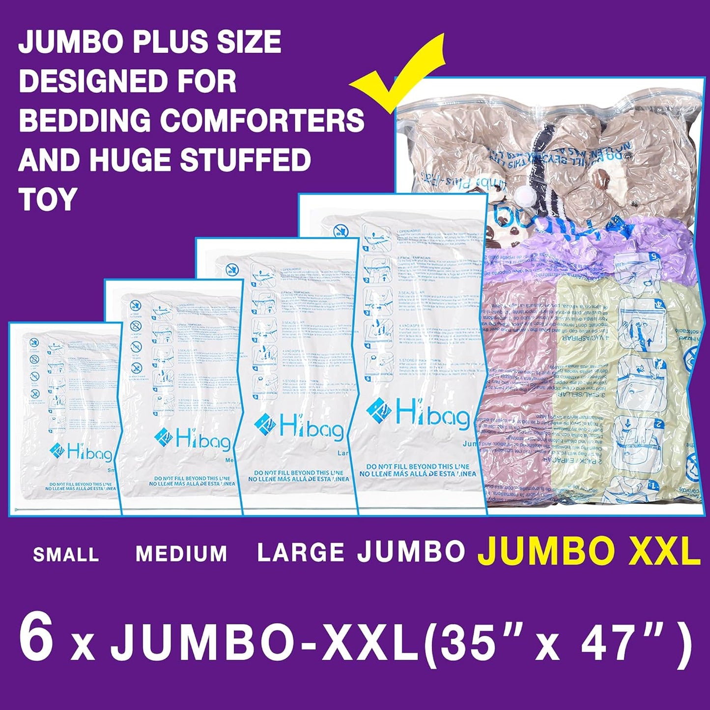 XXL Jumbo Vacuum Storage Bags by [Brand Name] - 47''X35'' Space Saver for Blankets, Bedding & Comforters (6 Pack)