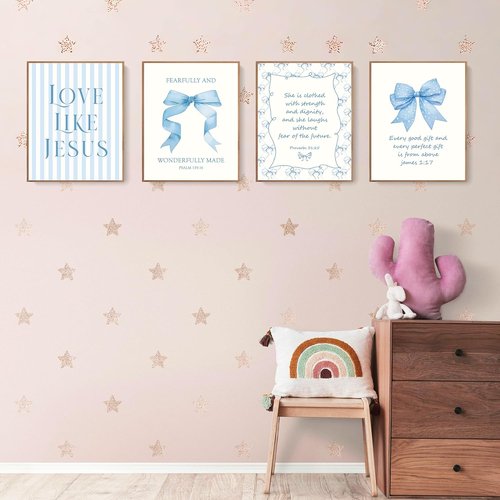 LARTSFRO Coquette Blue Bow Wall Art - Inspirational Christian Decor for Bedroom & Bathroom | Set of 4 Unframed 10x8 Inch Prints