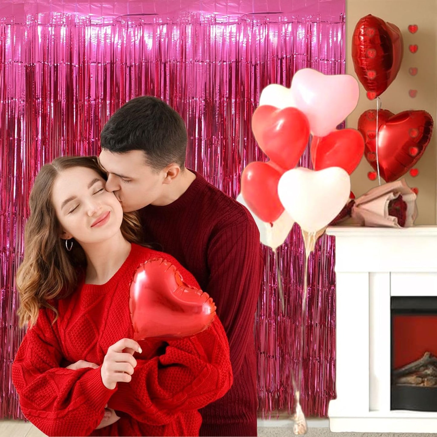 Valentines Day Party Decorations | Hot Pink Foil Fringe Curtains - 3 Pack, 3.2x8.2ft Backdrop