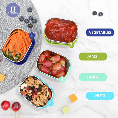 Tanjiae Stainless Steel Snack Containers - 4-Pack 8oz | Reusable Toddler Lunch Boxes with Silicone Lids