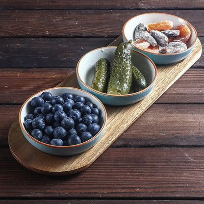 Artena 6oz Turquoise Ceramic Chips and Dip Platter - Acacia Wooden Tray & 4.5" Dipping Bowls
