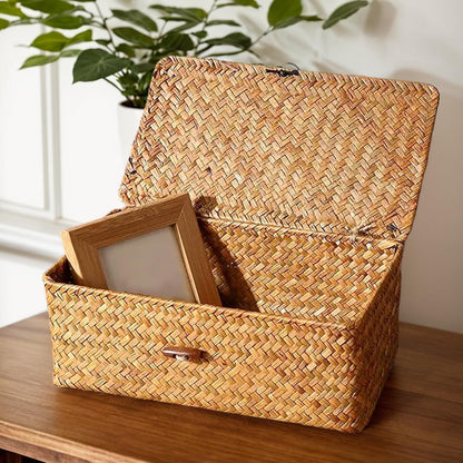 Skiennix Storage Baskets - 2 PCS Woven Seagrass Baskets with Lid for Stylish Organization | 10x6x4 & 9x5x3 Inches