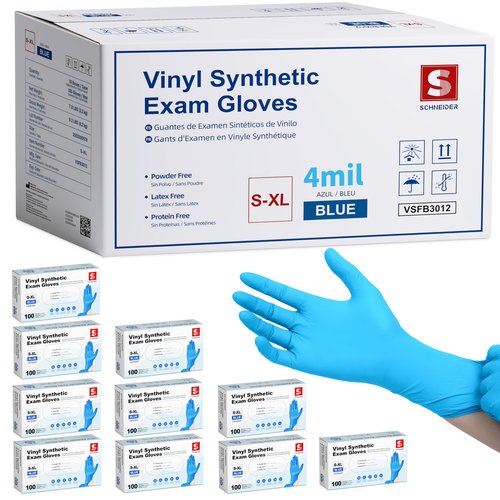 Schneider Blue Vinyl Synthetic Exam Gloves, Large, Case of 1000, 4-mil, Powder-Free, Latex-Free, Non-Sterile, Disposable Gloves