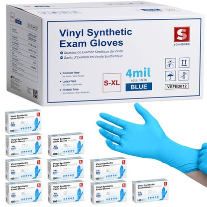 Schneider Blue Vinyl Synthetic Exam Gloves, Large, Case of 1000, 4-mil, Powder-Free, Latex-Free, Non-Sterile, Disposable Gloves