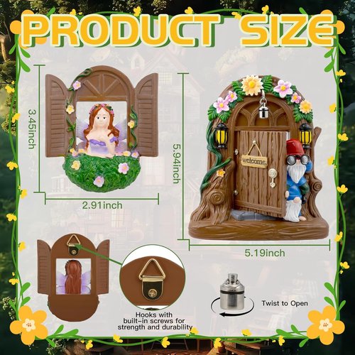 Exasinine Fairy Door and Windows Set - Gnome Statue Garden Sculpture | Outdoor Lawn Decor