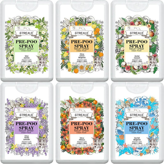 Travel Size Toilet Spray 6-Pack, Travel Essentials Toiletries, Pocket Size Pre-Poo Spray, Bathroom Odor Deodorizer, Up to 240 Uses, 6 Refreshing Scents