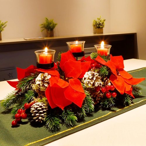 FORUP Christmas Centerpiece - Elegant Poinsettia Tabletop Decor with 3 Candle Holders for Home Parties