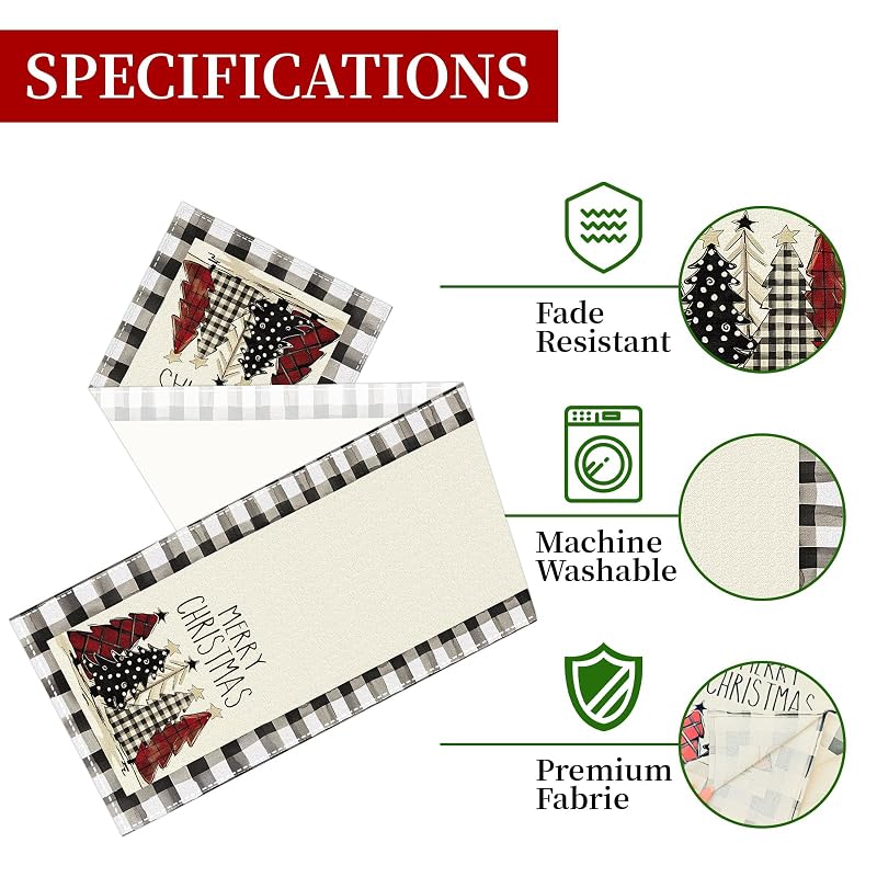 Red & White Christmas Table Runner 13x48 in - Buffalo Check Holiday Decor, 48in