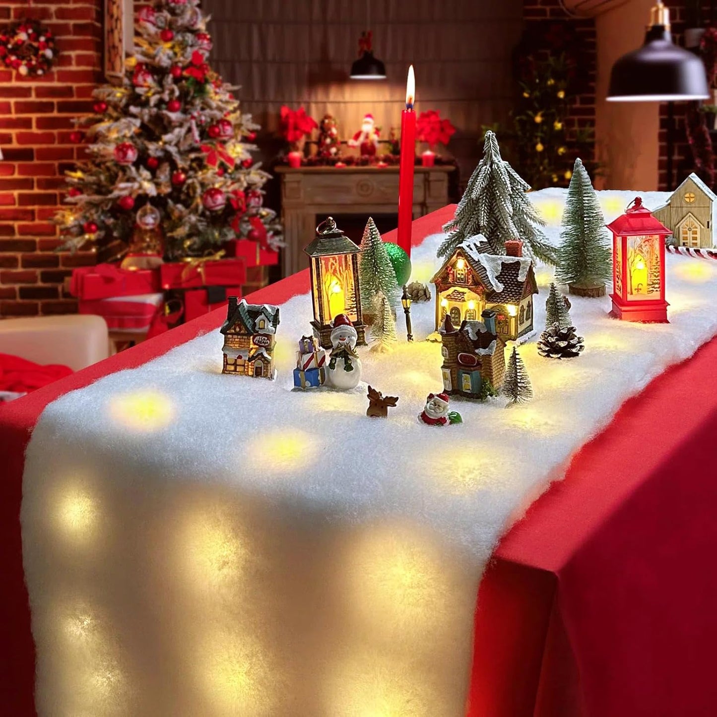 Skiennix Christmas Snow Blanket - 1.3x5.25 Ft Faux Snow Roll with 50 LED Lights | Perfect for Winter Village Displays