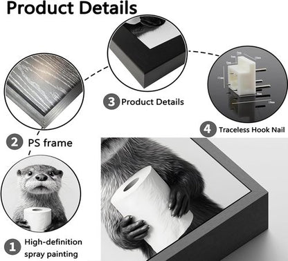 Framed Otter Wall Art - Black and White Funny Animal Decor for Bathroom | Farmhouse Toilet Decoration