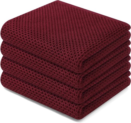 Homaxy 100% Cotton Waffle Weave Kitchen Dish Towels - Ultra Soft & Absorbent, 13 x 28 Inches, 4-Pack | Burgundy