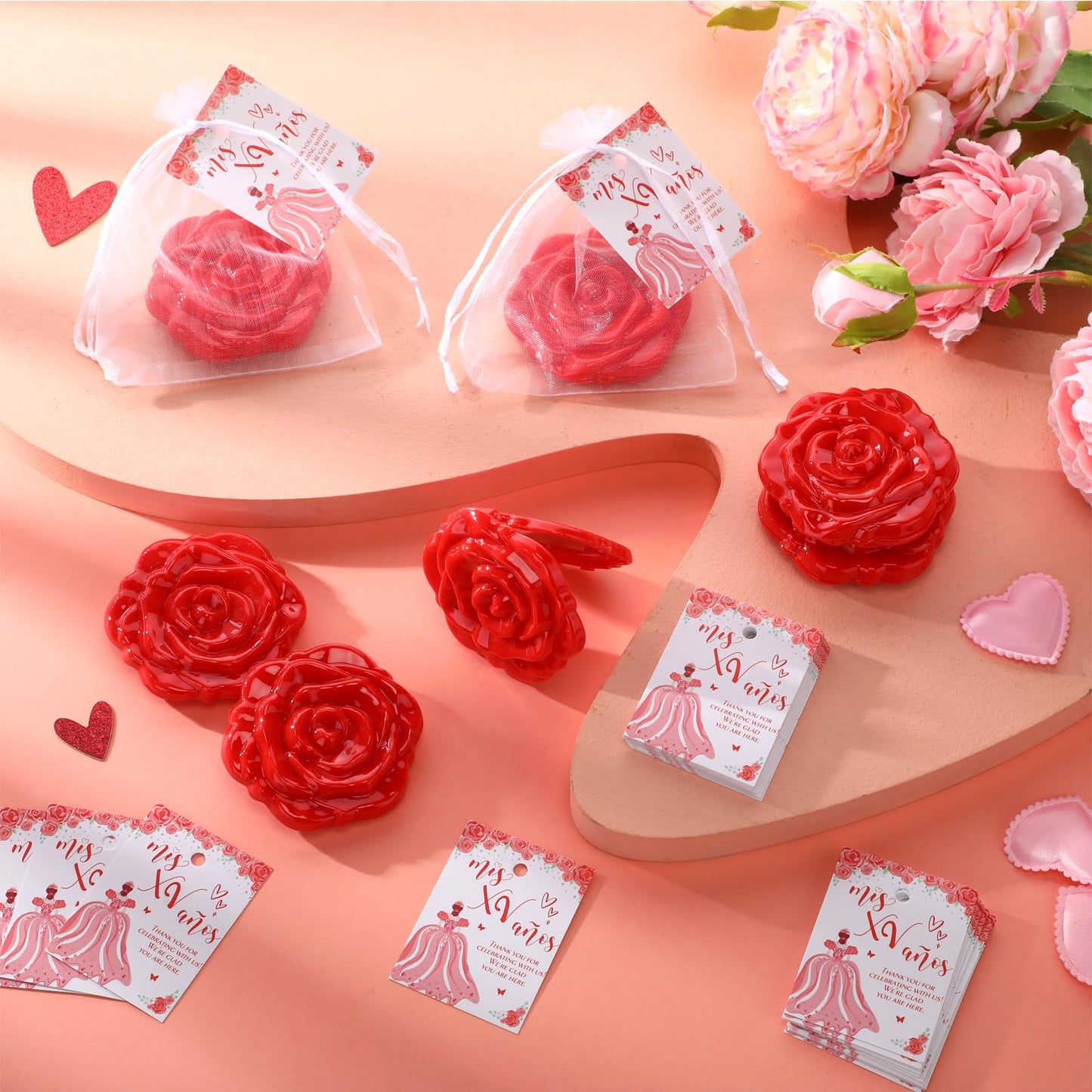 Wenqik 50 Sets Quinceanera Party Favors for Guests Rose Design Compact Pocket Mirrors Quinceanera Cards Thank You Gift and Organza Bags Sweet 15 Mis Quince Birthday Party Favor (Red)