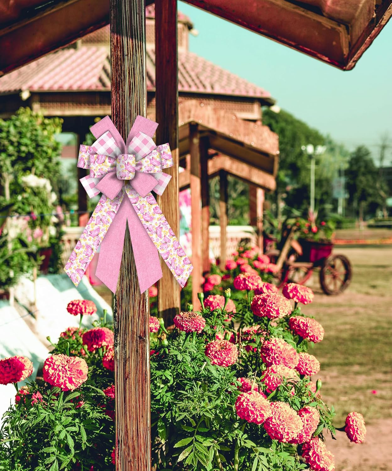 ABTOLS Large Spring Wreath Bows - Pink Butterfly & White Buffalo Plaid Decor for Indoor/Outdoor Use