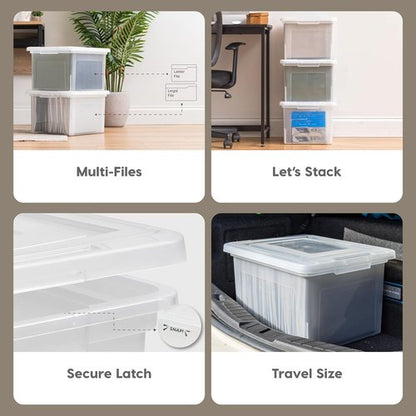 IRIS USA File Box - Portable Plastic File Organizer with Lids | Stackable BPA-Free 35 Qt. 4 Pack