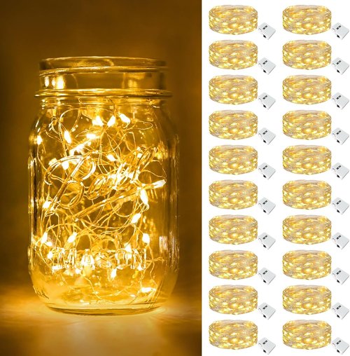 Btfarm 20 Pack Fairy Lights - Battery Operated 7ft Mini String Lights | Waterproof Silver Wire for Mason Jars & Wedding Decor - Warm White