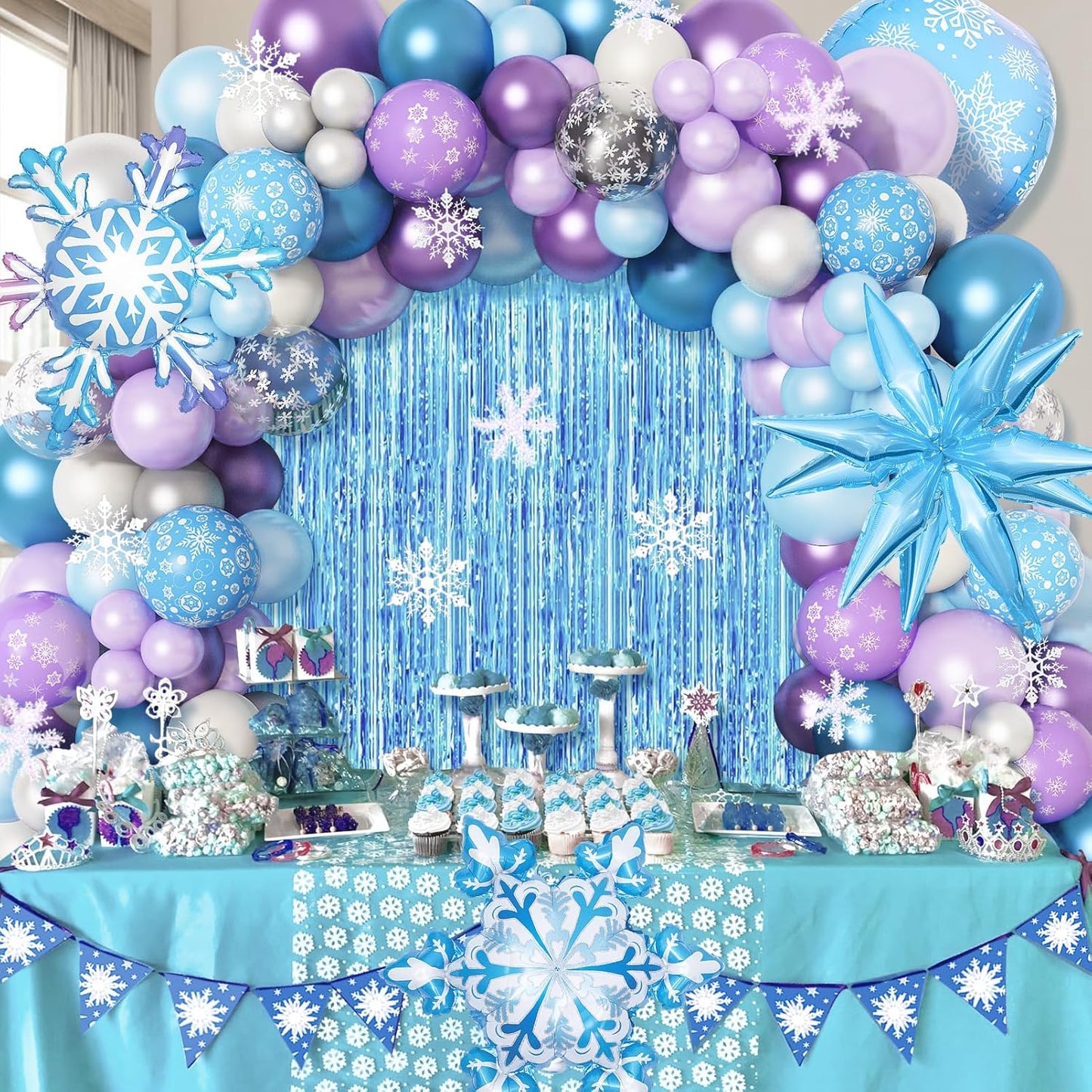Amandir Snow Birthday Party Supplies - 162PCS Balloon Garland & Fringe Curtain | Winter Wonderland Decor