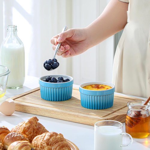 MALACASA Ramekins - 4 Oz Oven Safe Ceramic Souffle Dishes for Baking | Set of 6 Blue Custard Cups