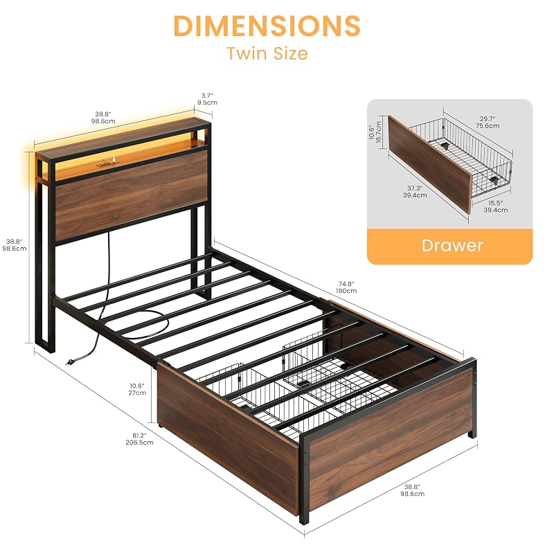 LIKIMIO Walnut Twin XL Bed Frame with DIY Storage Drawers & LED Headboard