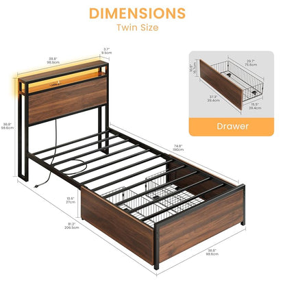 LIKIMIO Walnut Twin XL Bed Frame with DIY Storage Drawers & LED Headboard