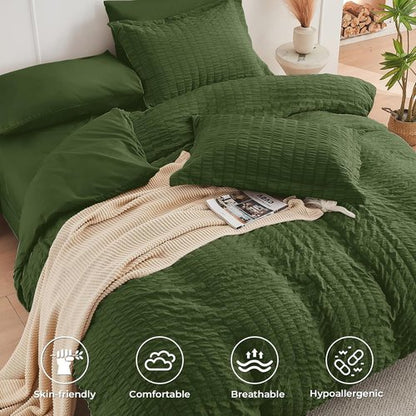 HYMOKEGE King Size Comforter Set - Olive Green Seersucker Luxury Bedding | 7-Piece All-Season Bed in a Bag