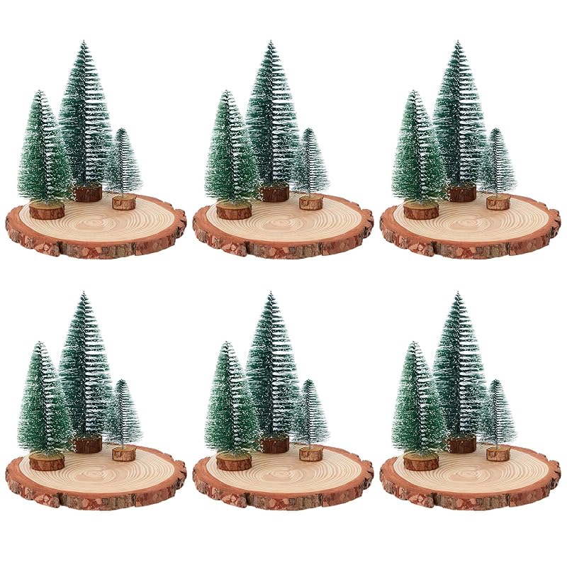 18 Pcs Bottle Brush Christmas Trees & 6 Natural Wood Slices Set, 3 Sizes