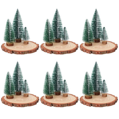 18 Pcs Bottle Brush Christmas Trees & 6 Natural Wood Slices Set, 3 Sizes