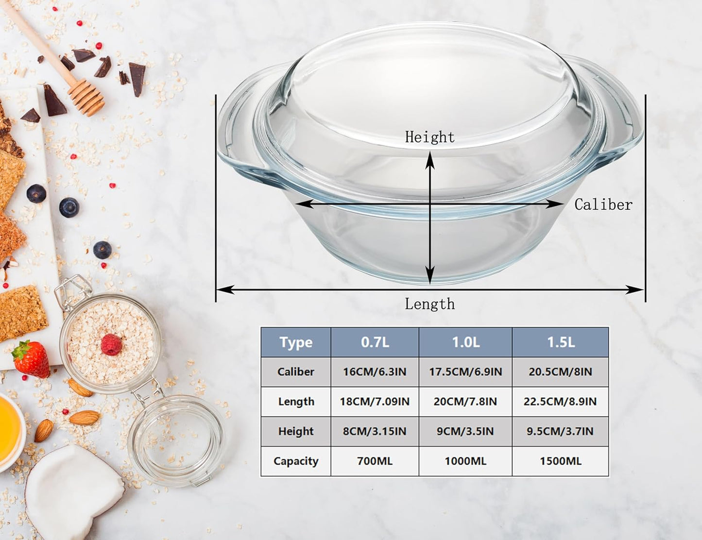 Skiennix Casserole Baking Dish - 2-Piece Mini Round Set with Handle & Lid | Tempered Glass, 3/4 Quart, Oven Safe