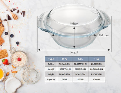 Skiennix Casserole Baking Dish - 2-Piece Mini Round Set with Handle & Lid | Tempered Glass, 3/4 Quart, Oven Safe