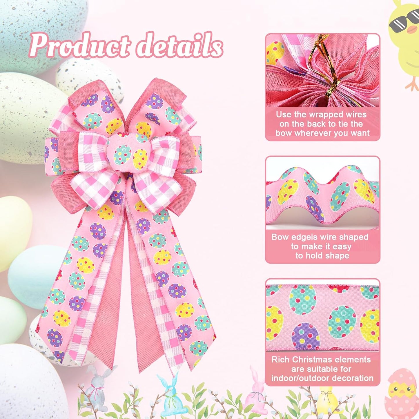 Montekin Large Easter Bows - Pre-Tied Wired Ribbon Bow for Wreaths | 20x11 Inch, 2 Pack in Pink