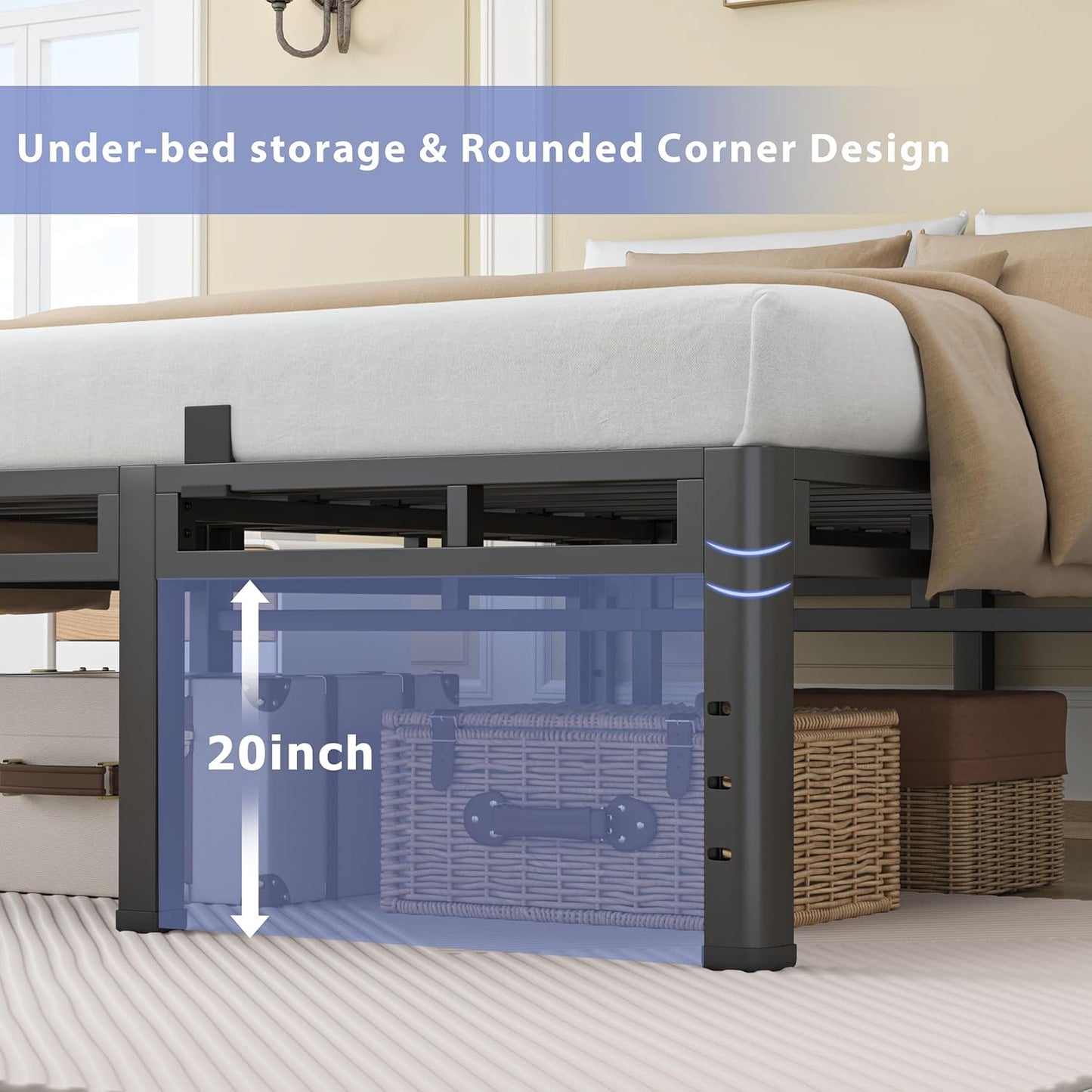 NKZ 24 Inch Full Size Bed Frame - Heavy Duty Metal Platform with Round Corner Legs & Noise-Free Design