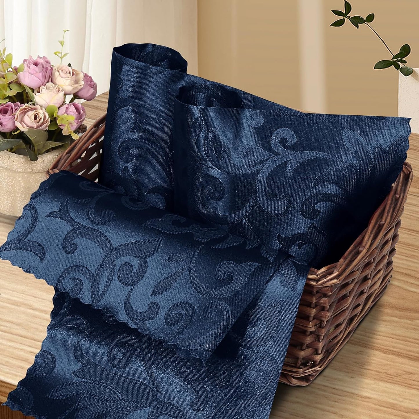 Aormenzy Navy Blue Satin Napkins - 50 Pack, 17 x 17 Inches, Elegant Floral Design