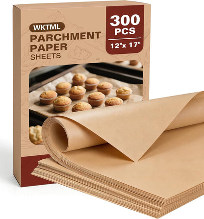 Skiennix Parchment Paper Sheets - 300 Pcs Unbleached Non-Stick Baking Paper | 12x17 Inches for Oven & Air Fryer
