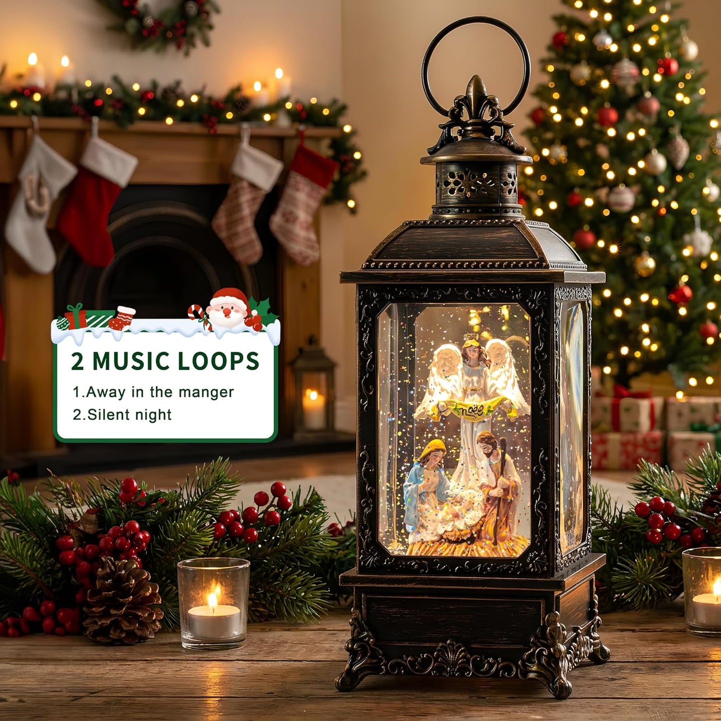 VISFLAIR Christmas Snow Globe - Lighted Angel & Nativity Scene | Musical Water Lantern, Battery or USB Powered Holiday Decor
