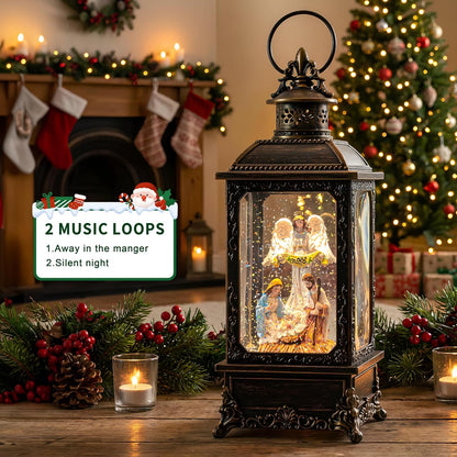 VISFLAIR Christmas Snow Globe - Lighted Angel & Nativity Scene | Musical Water Lantern, Battery or USB Powered Holiday Decor