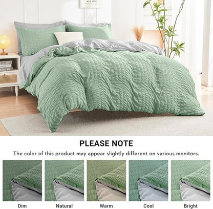 HYMOKEGE Queen Comforter Set - Luxury 7-Piece Bedding in Sage Green & Light Grey | All-Season Seersucker Design