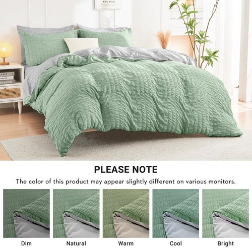 HYMOKEGE Sage Green/Light Grey Full Size Comforter Sets Seersucker 7 Pieces, All Season Luxury Bed in a Bag for Bedroom, Bedding Set with Comforter, Sheets, Pillowcases & Shams