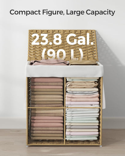 SONGMICS Laundry Hamper - 23.8 Gallon Synthetic Rattan Basket with Lid & Handles | Goose Yellow, Foldable