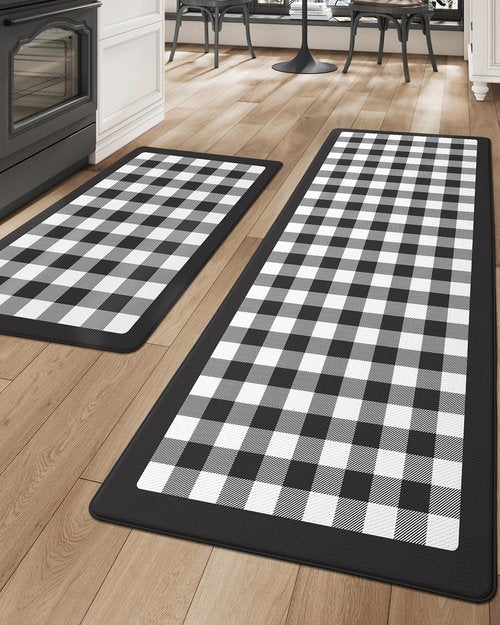 DEXI Buffalo Plaid Kitchen Mat Sets of 2, Cushioned Anti Fatigue Floor Checkered Rug, Waterproof Non Slip Memory Foam Mats for Standing Desk, Home Office, Sink, Laundry, Black & White