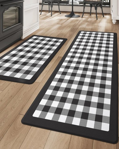 DEXI Buffalo Plaid Kitchen Mat Sets of 2, Cushioned Anti Fatigue Floor Checkered Rug, Waterproof Non Slip Memory Foam Mats for Standing Desk, Home Office, Sink, Laundry, Black & White
