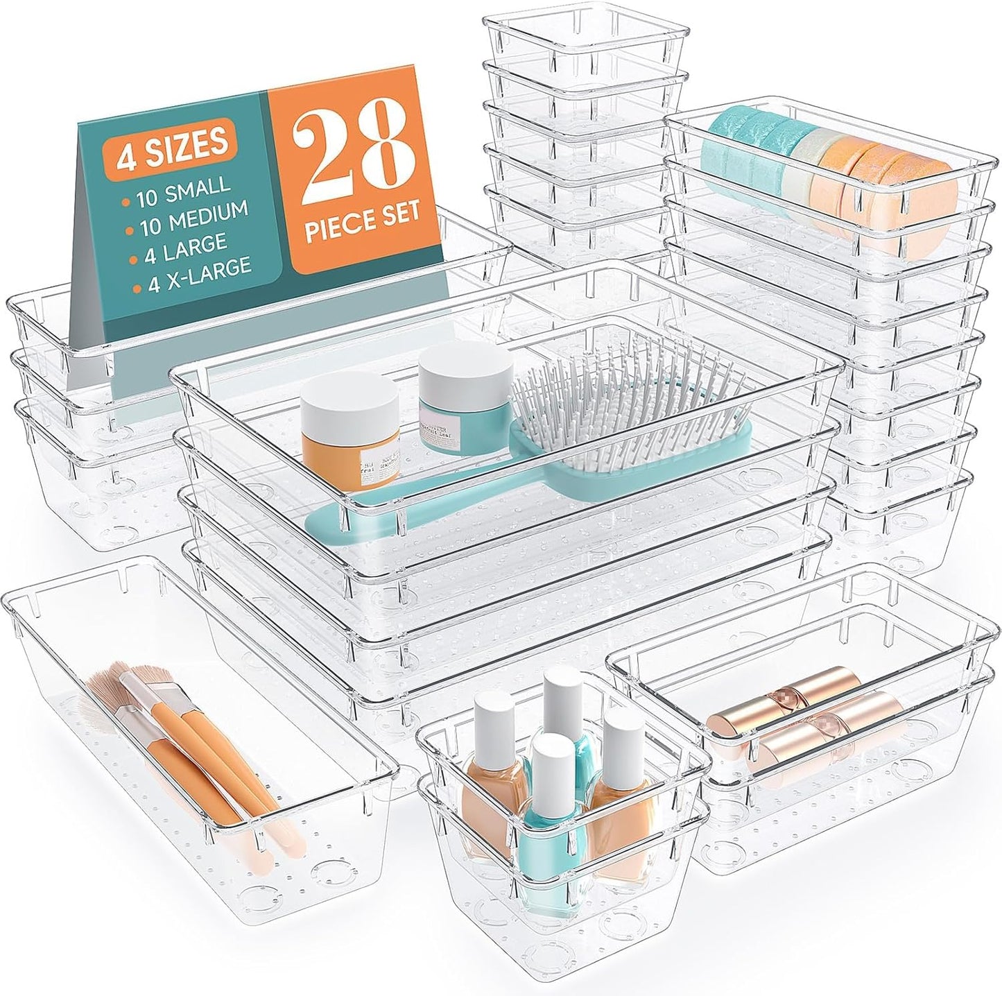 StorMiracle 28 PCS Clear Plastic Drawer Organizers - Versatile Trays for Makeup, Jewelry & Office Supplies
