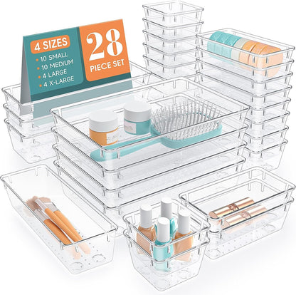 StorMiracle 28 PCS Clear Plastic Drawer Organizers - Versatile Trays for Makeup, Jewelry & Office Supplies