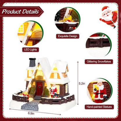 LED Lighted Village House - 6.9 Inch Triangular Christmas Decoration with Santa Claus Statue