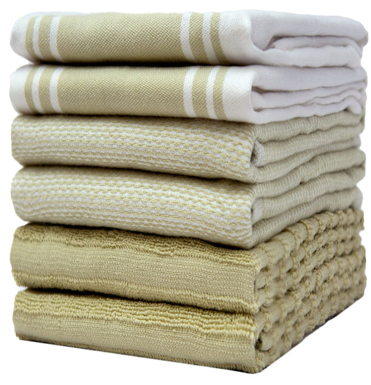 Premium Kitchen Towels (20”x 28”, 6 Pack) | Large Kitchen Hand Towels | Kitchen Towels Cotton | Flat & Terry Towel | Highly Absorbent Tea Towels Set with Hanging Loop | Wide Stripe Sage Green