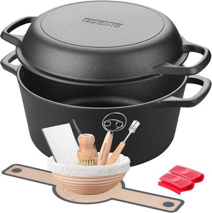 EDGING CASTING 5QT Pre-Seasoned Cast Iron Dutch Oven | Versatile Skillet Lid & Sourdough Baking Set