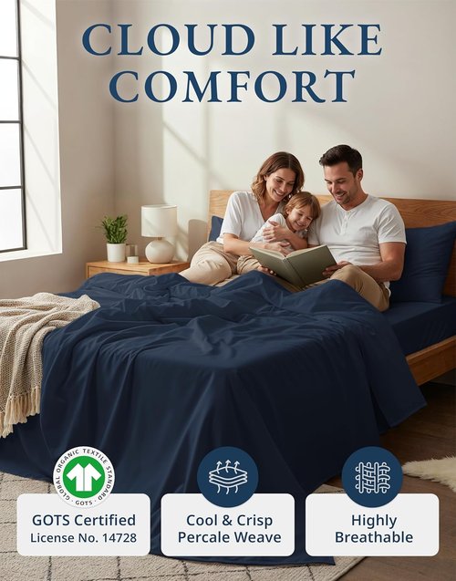 Lane Linen Organic Cotton Full Sheet Set - Eco-Friendly, Soft & Comfy, Fade Resistant, Navy