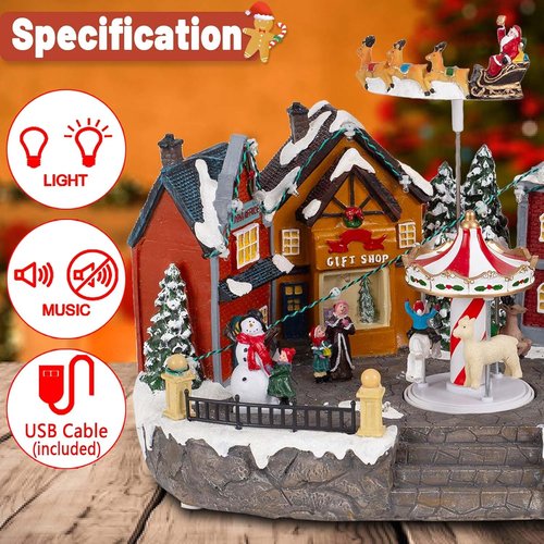 Animated Christmas Village Scene - Santa Sleigh, LED Lights & Rotating Carousel | Musical Holiday Display