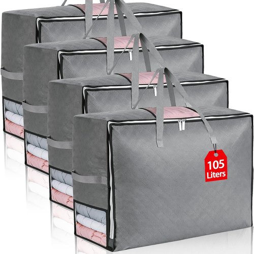 4 Pack Skiennix Extra Large Comforter Storage Bags - Foldable Bedding Organizers with 3 Clear Windows, Grey